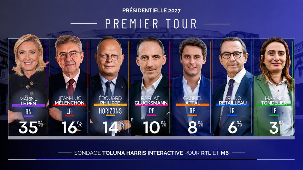 Marine Le Pen à 35 %, Mélenchon deuxième devant Édouard Philippe